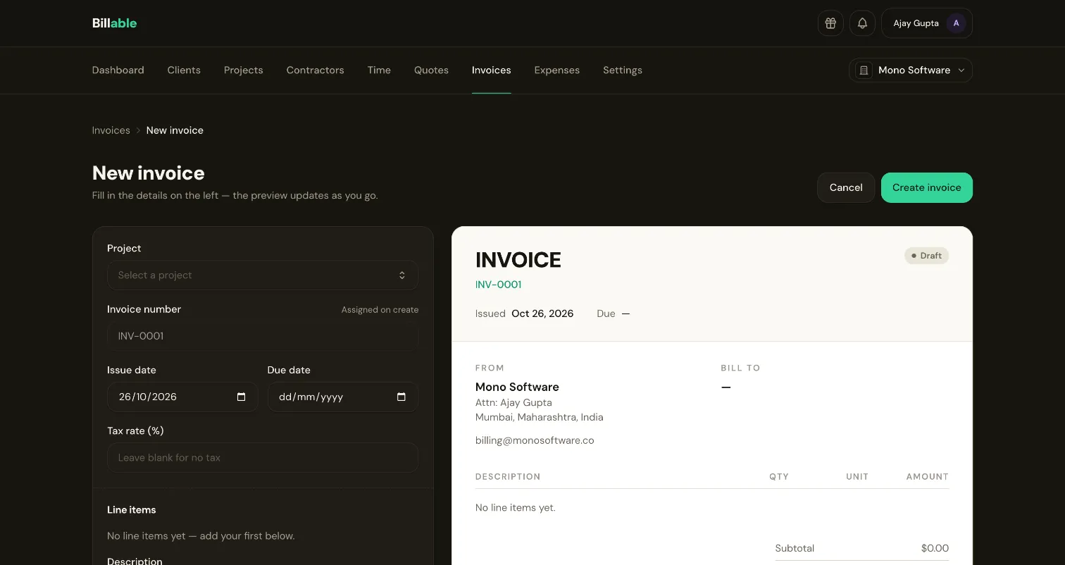 Creating an invoice in Billable: the details form on the left and a live preview of the invoice on the right.