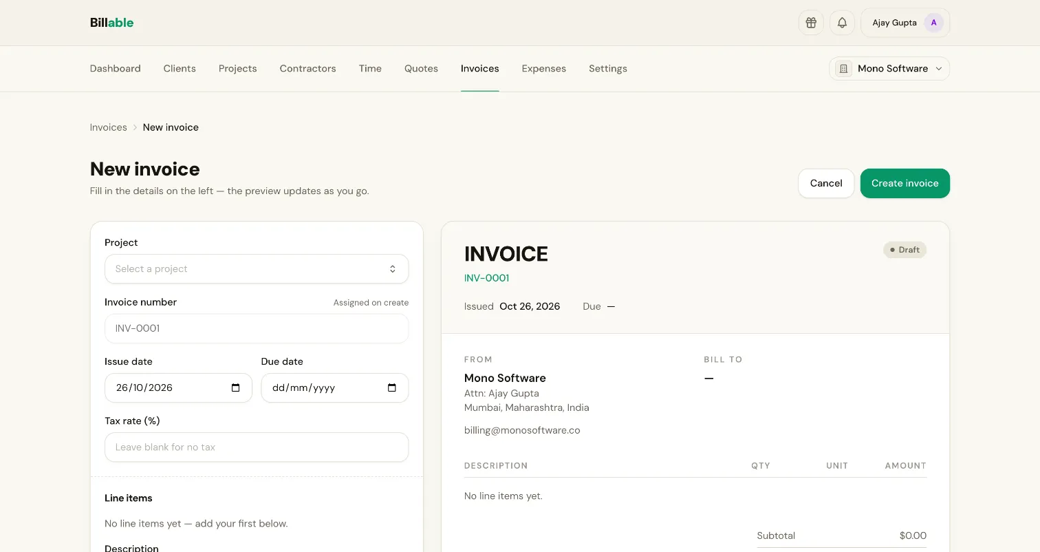 Creating an invoice in Billable: the details form on the left and a live preview of the invoice on the right.