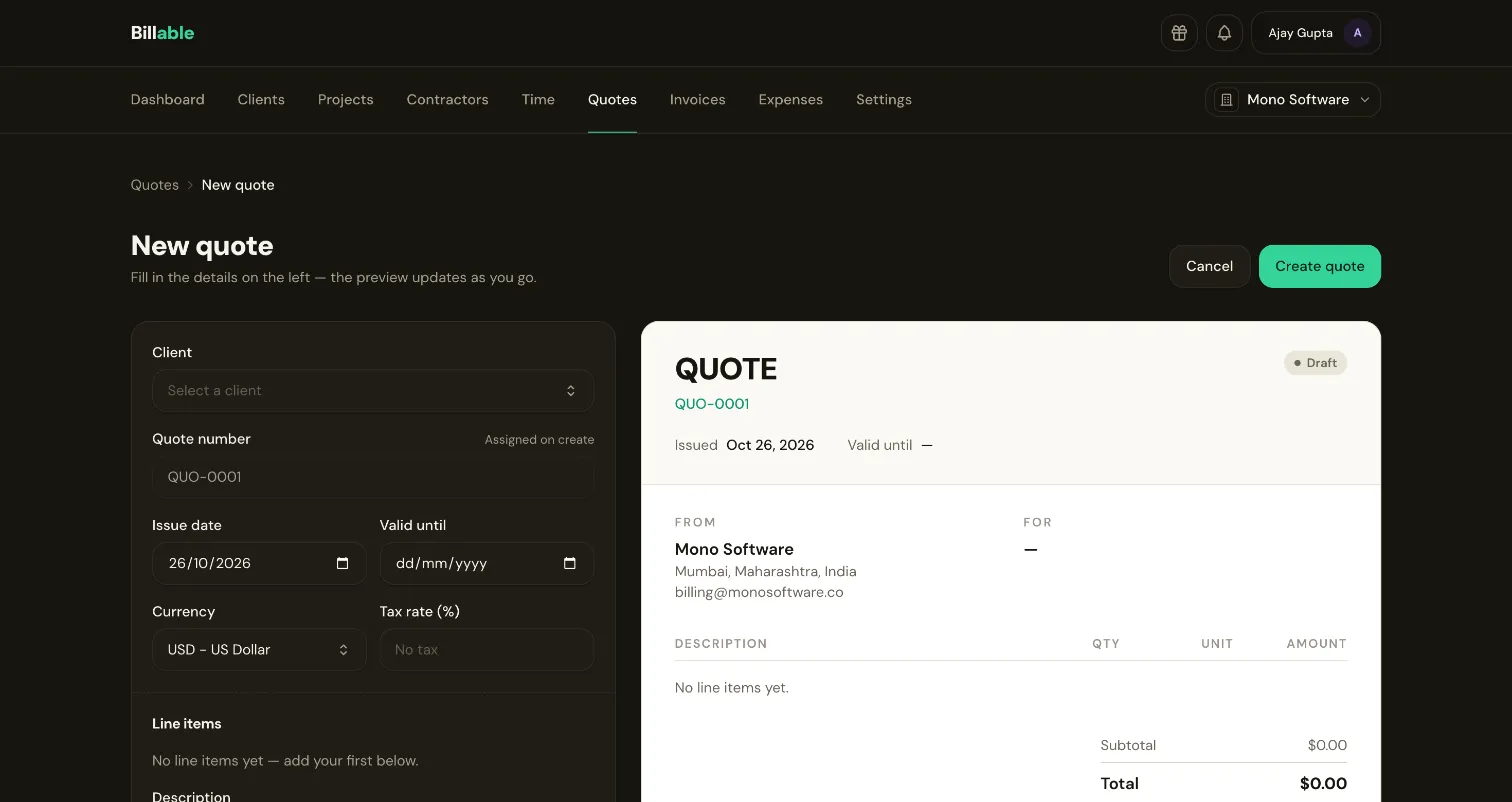 Creating a quote in Billable: client, currency and tax on the left and a live preview of the quote on the right.