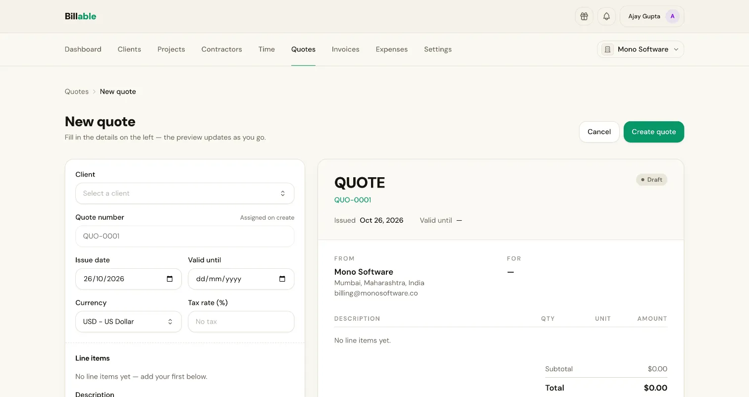 Creating a quote in Billable: client, currency and tax on the left and a live preview of the quote on the right.