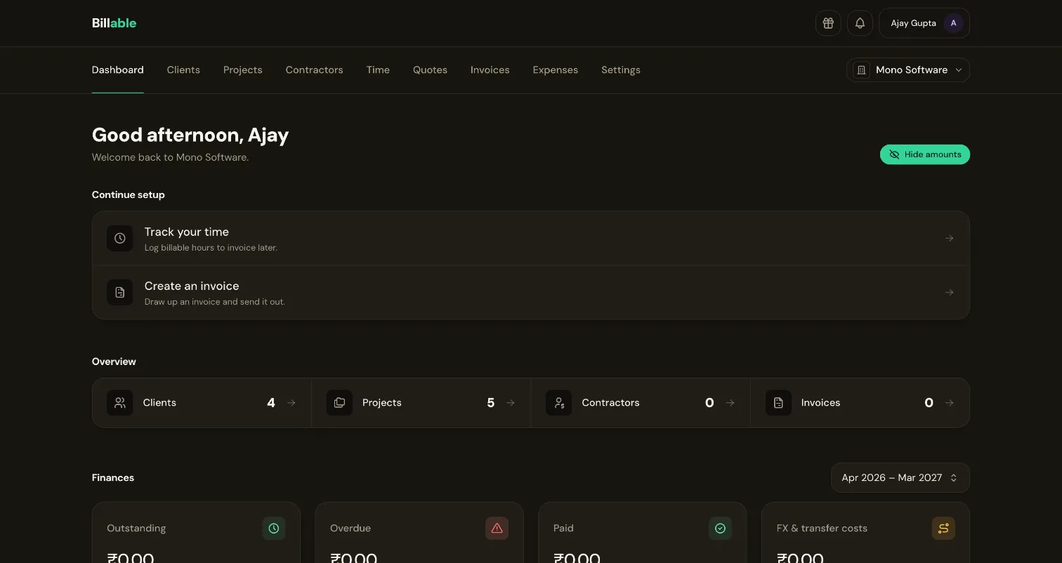 The Billable dashboard: setup shortcuts, counts of clients, projects, contractors and invoices, and the finance totals.