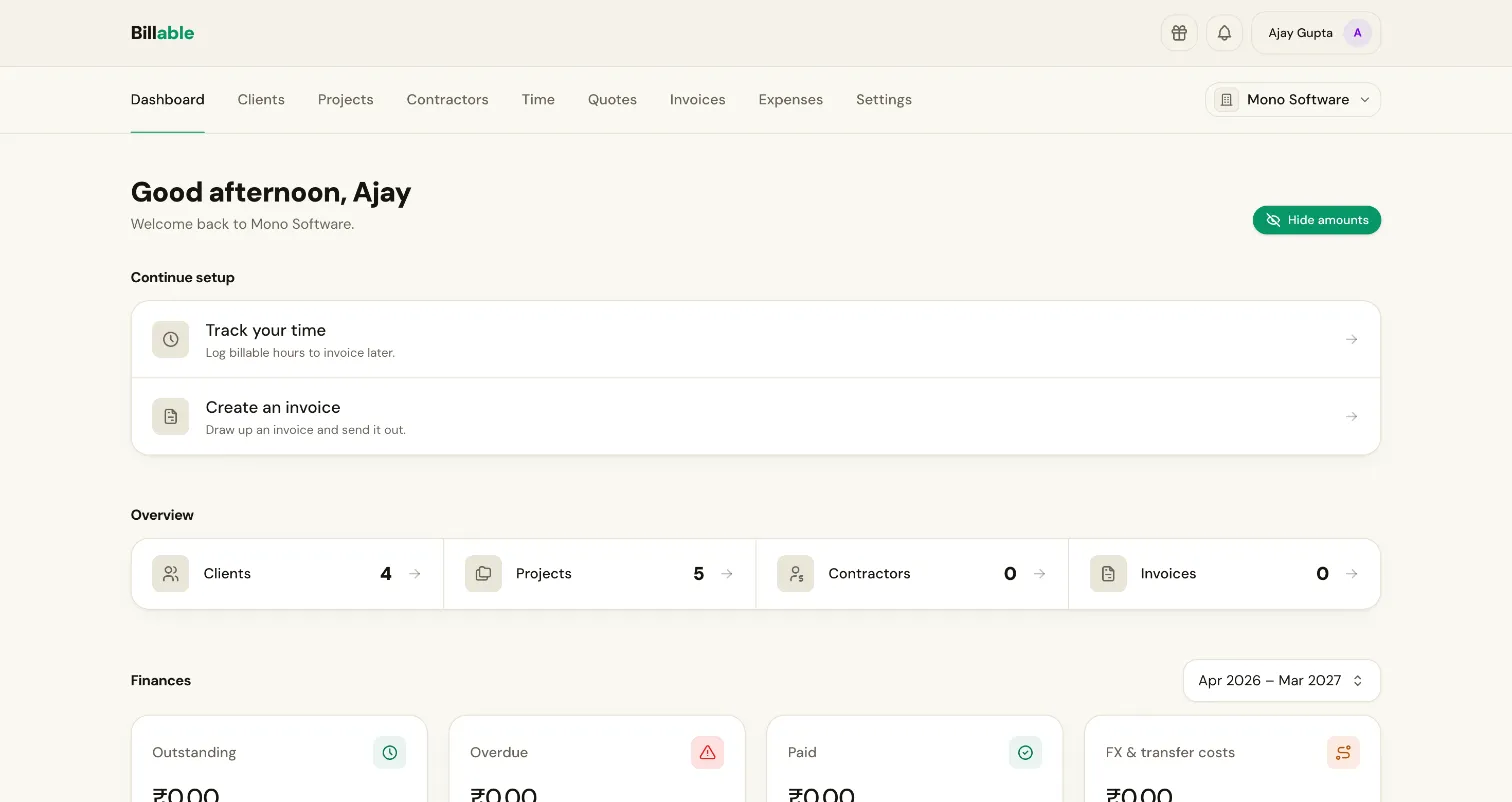 The Billable dashboard: setup shortcuts, counts of clients, projects, contractors and invoices, and the finance totals.