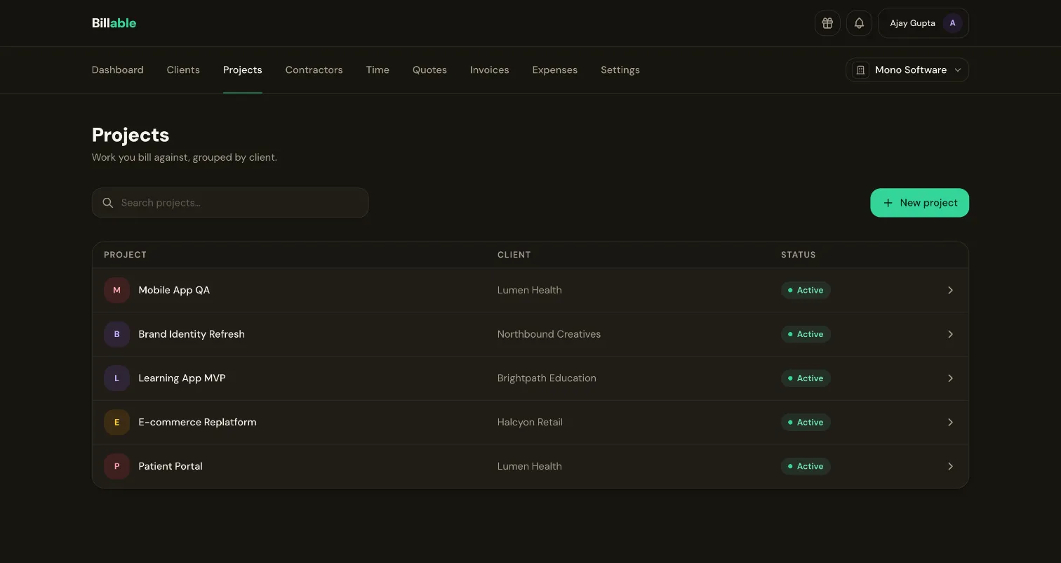The Billable projects list: each project with its client and status.