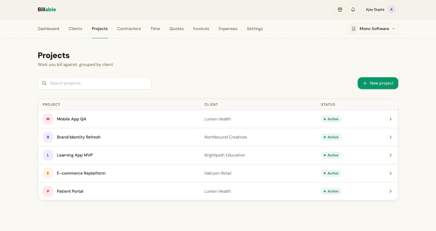 The Billable projects list: each project with its client and status.