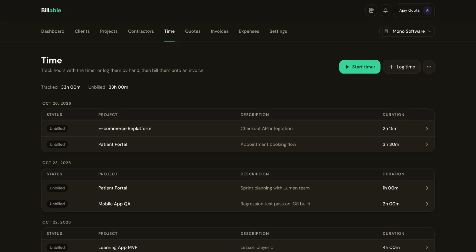 Time tracking in Billable: tracked and unbilled hours, with entries grouped by day for each project.
