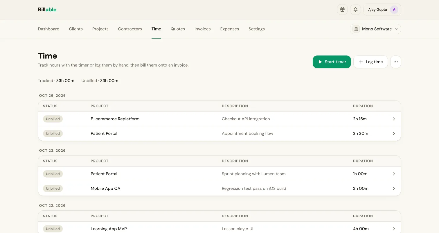 Time tracking in Billable: tracked and unbilled hours, with entries grouped by day for each project.