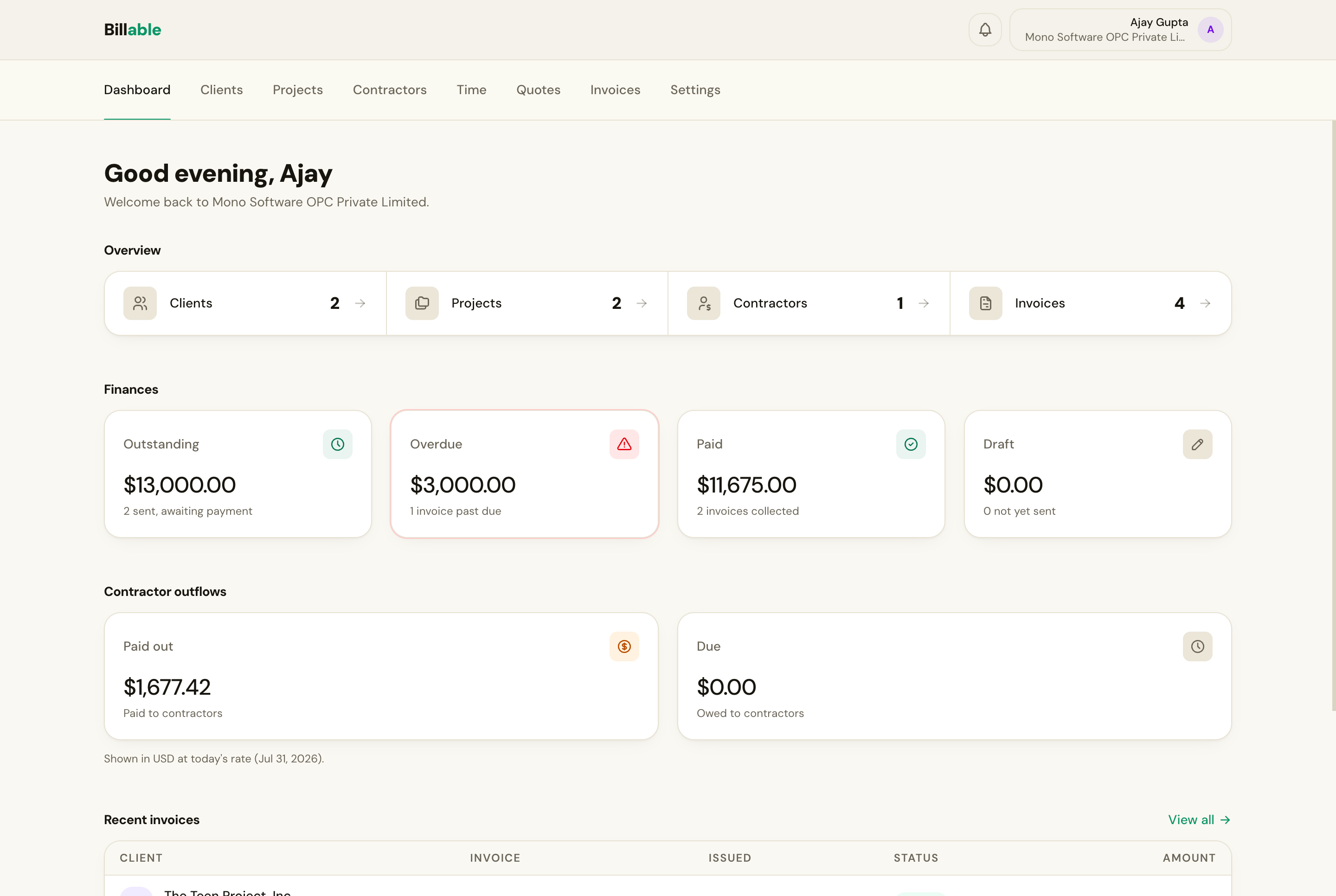 The Billable dashboard: outstanding, overdue and paid totals with a list of recent invoices.