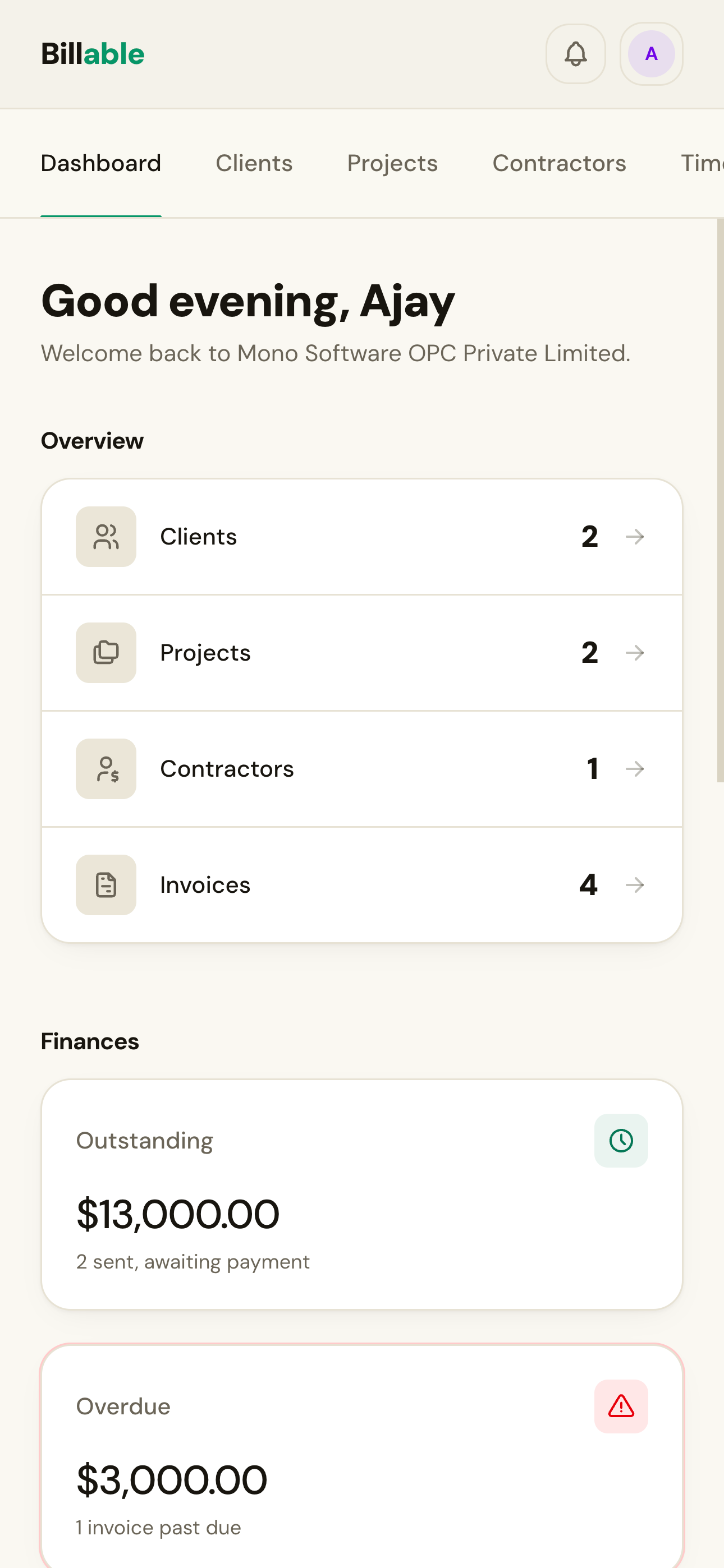 The Billable dashboard on a phone.